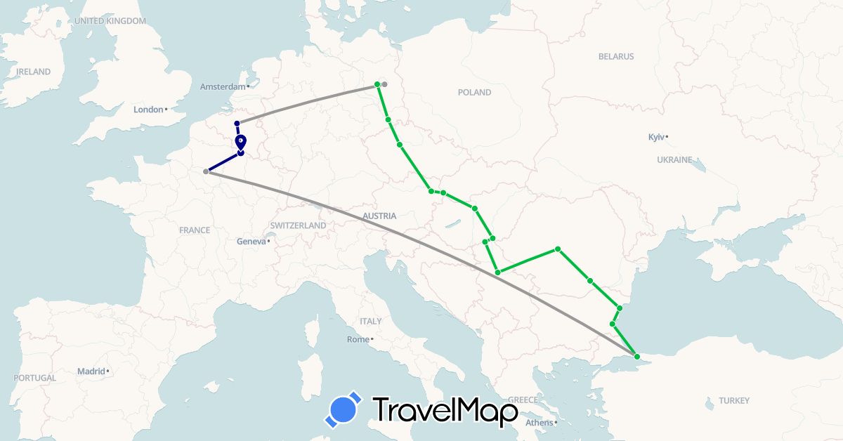TravelMap itinerary: driving, bus, plane in Austria, Belgium, Bulgaria, Czech Republic, Germany, France, Hungary, Romania, Serbia, Slovakia, Turkey (Asia, Europe)